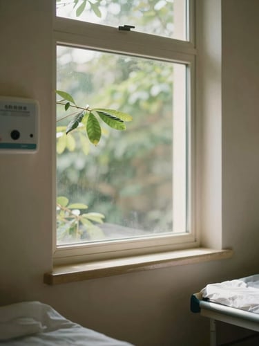 A quiet, sunlit medical chamber with soft green leaves visible outside the window, warm natural light, shallow depth of field, 35mm
