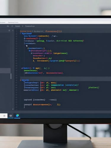 Straight-on technical view of a software developer's monitor displaying clean, structured code and system architecture diagrams, cool slate tones, sharp focus.