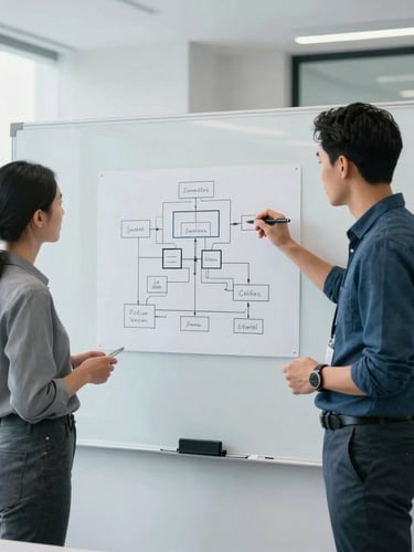 Straight-on medium shot of a developer and marketer analyzing system architecture diagrams on a physical whiteboard in a bright, modern corporate office with cool slate tones.