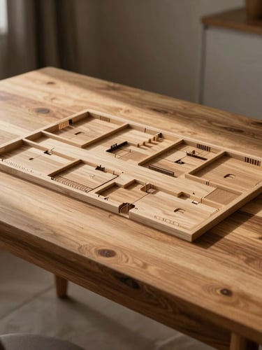 Planos arquitectónicos limpios sobre una mesa de madera noble, luz natural cenital, sombras marcadas, enfoque simétrico.