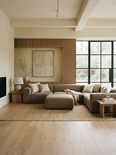 Straight-on architectural shot of a minimalist living room, soft natural daylight, warm taupe and cream tones, a modular sofa in the center, 35mm