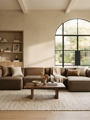 Straight-on architectural shot of a minimalist living room, warm natural daylight casting soft shadows, a modular contemporary sofa in warm taupe fabric, neutral earth tones, 35mm
