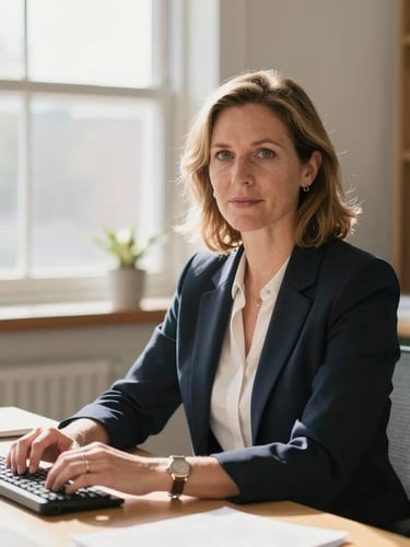 A medium-close portrait of Coach Sherry, a focused woman in her late 40s, sitting in an organized sunlit study with direct eye contact, bright natural window light, soft shadows, warm editorial photography, 35mm