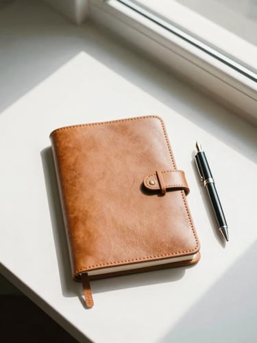 An overhead flat-lay of a structured leather journal, a fountain pen, and clean architectural lines of a sunlit academic workspace, warm editorial photography, bright natural window light, soft shadows, 35mm