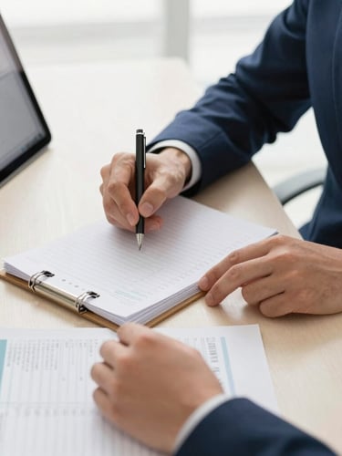 Medium close-up of hands reviewing physical ledgers and digital tax spreadsheets on a clean desk setup, soft natural daylight, professional corporate navy tones.