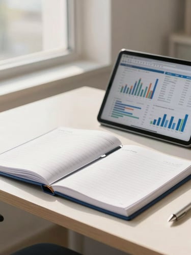 A bright, clean corporate workspace in New Delhi, a professional desk with an organized physical ledger next to a modern digital tablet displaying financial charts, warm natural daylight from a side window, professional editorial style.