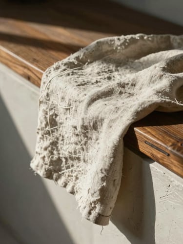A close-up of raw linen draped over a hand-applied plaster ledge, soft afternoon light casting long shadows across a dark oak bench.
