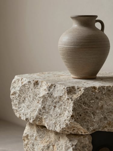 Close-up vignette of a raw stone hearth with a hand-thrown ceramic vase, soft diffused lighting, muted taupe tones.