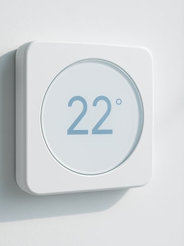 Close-up of a sleek digital thermostat mounted on a clean white gallery wall, displaying 22 degrees Celsius, soft natural daylight casting gentle shadows, minimalist aesthetic