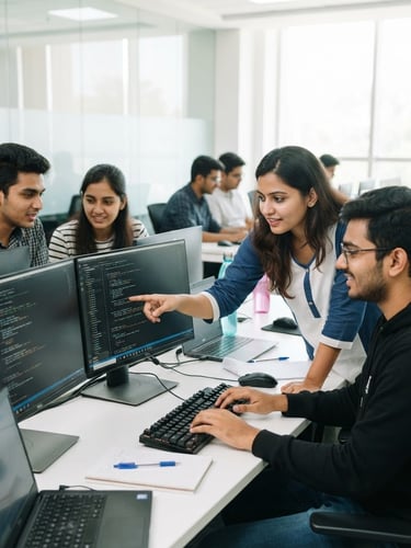 A bright, high-key photo of Indian IT students collaborating in a modern computer lab, crisp focus on screens with code, natural daylight, 35mm