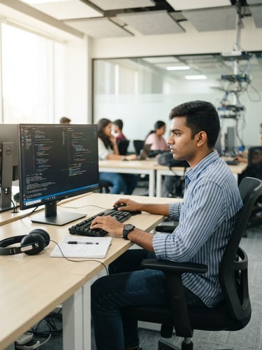 A focused Indian student working on a high-end computer inside a brightly lit, modern IT lab at G-TEC Manacaud, natural daylight, crisp focus