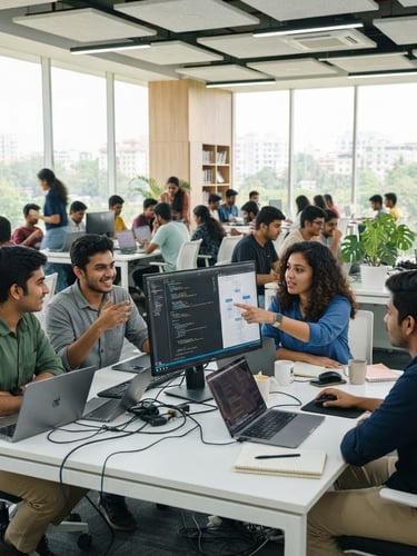 Bright modern computer lab in Trivandrum with students collaborating, high-key daylight, clean screens displaying code, authentic learning environment