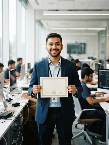 A professional portrait of a confident Indian software student holding a certificate in a brightly lit modern computer lab, natural daylight, crisp focus, 35mm