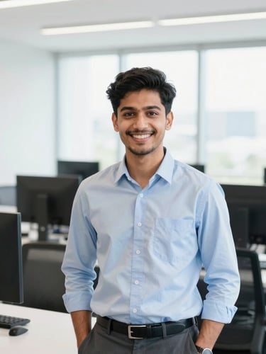 Bright commercial portrait of a smiling young professional graduate in a modern office setting in Trivandrum, natural daylight, professional focus.