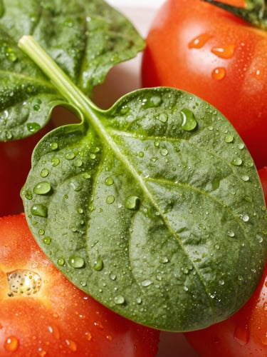 Extreme macro shot of dew-kissed vibrant green spinach leaves and crisp red tomatoes, bright morning sunlight, water droplets, high-contrast food photography