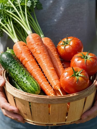 Hands of a local farmer holding a rustic wooden basket overflowing with freshly harvested orange carrots, green cucumbers, and ripe tomatoes, bright natural morning sun