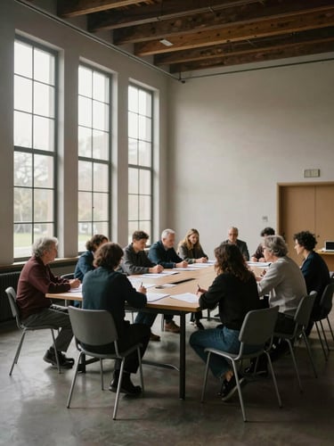 Wide interior shot of a cooperative meeting room, members seated around a long table covered in papers, natural light from tall windows on the left, muted warm tones, no faces identifiable, architectural framing