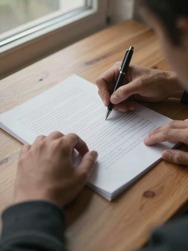 Close overhead view of two pairs of hands resting on an open document on a wooden table, a pen mid-signature, natural diffused daylight from a side window, muted tones, no faces visible