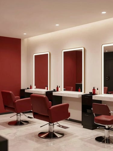 Clean and organized modern luxury salon interior, warm high-key studio lighting, rich crimson accents