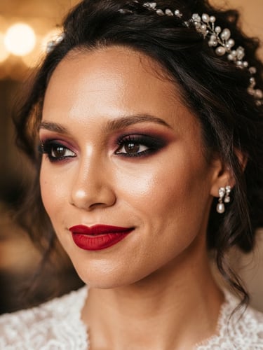 Editorial beauty photography, close-up of flawless bridal makeup with rich crimson accents, warm studio lighting, shallow depth of field, 85mm