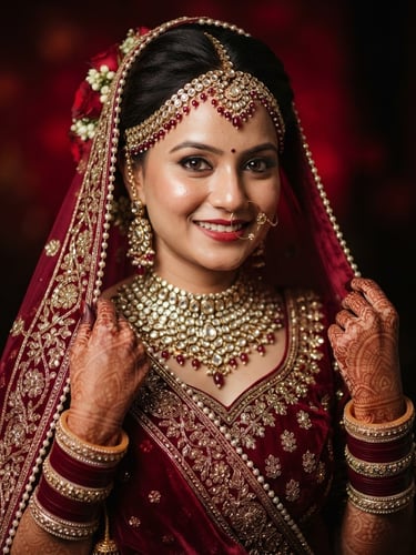 editorial beauty photography of a real Indian bride, soft warm studio lighting, rich crimson accents, shallow depth of field, 85mm