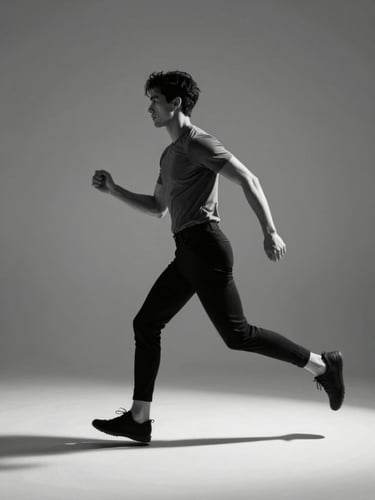 Full-length editorial frame, model in motion mid-stride on a minimalist studio cyclorama, harsh north light from camera-left, sharp shadows, movement blur at hands, high contrast monochrome