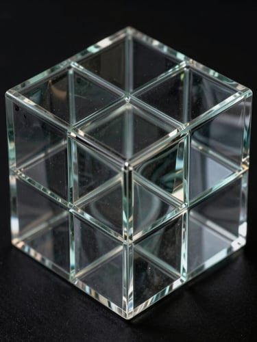 Symmetrical macro shot of a complex 3D geometric glass structure, sharp light refracting through dark glass vectors, pure black background, high contrast, minimalist Swiss aesthetic.