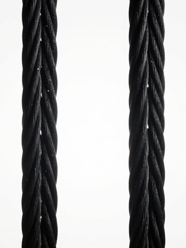 Symmetrical macro photograph of black steel structural cables under high tension, stark studio lighting, deep shadows, absolute precision