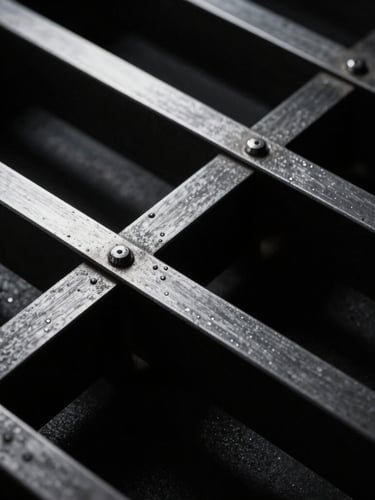 A stark, high-contrast macro photograph of structural metal vectors under razor-sharp studio lighting, cast in deep black shadows and crisp white highlights, exhibiting extreme geometric tension.