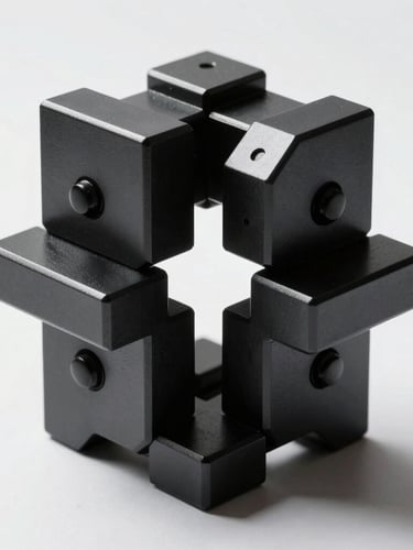 Symmetrical macro 3D render of black metallic geometric structures under stark studio light, high contrast, casting sharp shadows on white background, minimal composition