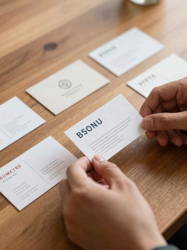 Warm editorial photography of a designer's hands arranging freshly printed business cards on a clean wooden table, natural daylight, rich organic tones, shallow depth of field, 35mm