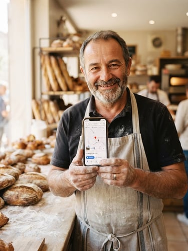 Close-up of a proud local baker in a warm, sunlit bakery holding a smartphone showing a Google Maps pin, warm editorial photography, natural daylight, shallow depth of field