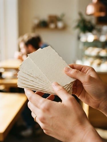 Close-up of hands holding a set of beautifully designed, minimalist paper business cards in a warm, sunlit local bakery, shallow depth of field, 35mm photography