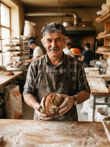Authentic Polish baker in a warm daylight kitchen holding a fresh loaf of sourdough bread, shallow depth of field, 35mm