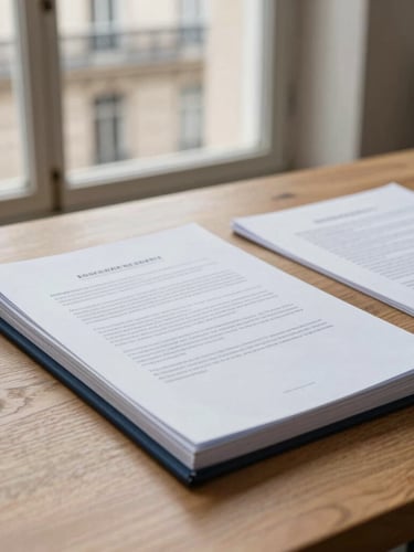 A close-up of structured legal dossiers on a heavy oak table, soft overcast Parisian daylight from a tall window, muted navy tones, editorial corporate photography.