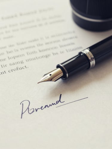 Close-up of a fountain pen resting on a signed legal document, heavy textured paper, soft diffused overcast light, muted navy tones, 35mm lens.
