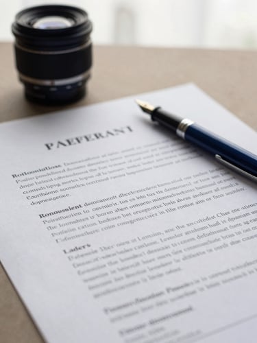 Close-up of signed legal documents on heavy cotton paper, elegant fountain pen resting on the side, soft overcast Parisian daylight, muted navy tones, 35mm lens