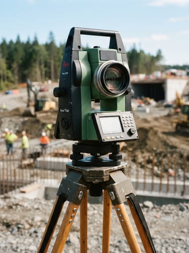 Close-up of a premium Leica Total Station mounted on a heavy wooden tripod, sharp focus on the glass optics, bright daylight, professional civil construction site background, 35mm.