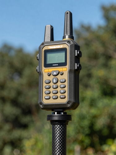 Close-up of a ruggedized Trimble GNSS receiver mounted on a carbon fiber pole against a clear blue sky, bright natural daylight, sharp focus, technical details visible