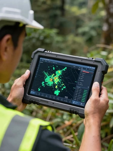 Over-the-shoulder shot of a certified Indonesian geodetic engineer in a high-visibility vest analyzing complex 3D point cloud data on a ruggedized field tablet, bright daylight.