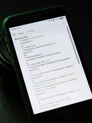 Macro shot of a high-end Android device screen showing clean code editor lines reflected on the glass, dark studio lighting with sharp neon-green rim light, 35mm lens