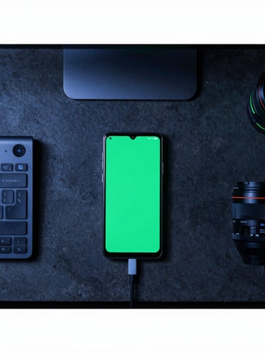 Top-down structured technical desk setup, minimalist workspace, dark concrete texture, sleek Android test devices, cold blue and neon-green accent lighting, sharp focus