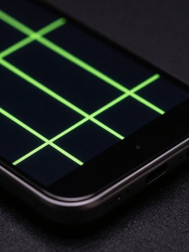 Close-up macro shot of a sleek Android device displaying a dark-themed high-fidelity UI mockup with sharp neon-green glowing lines, low-key moody studio lighting, 35mm lens, crisp details