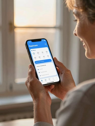Over-the-shoulder shot of a grandmother smiling while looking at a clean mobile app interface on her phone, warm golden-hour window light, soft blue and gold tones, shallow depth of field, 35mm