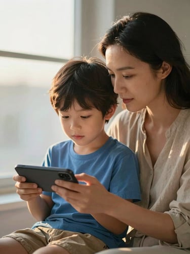 Warm editorial photography of a mother and young son looking at a mobile screen together, soft golden-hour window light, gentle blue and gold tones, shallow depth of field, 35mm