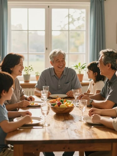 Warm editorial photography of a multi-generational family gathered around a wooden dining table, sharing a laugh during a warm afternoon celebration, soft natural light, cozy home interior, shallow depth of field, 35mm