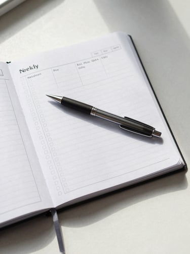 Overhead flat-lay of an open weekly planner mid-use on a light desk, a pen resting across a completed checklist row, soft north-facing daylight from the left, clean white surface, no people