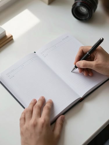 Overhead flat-lay close-up of a printed weekly planner open on a clean white desk, a hand resting on the page with a pen mid-write, soft north-facing daylight from the left, no faces visible