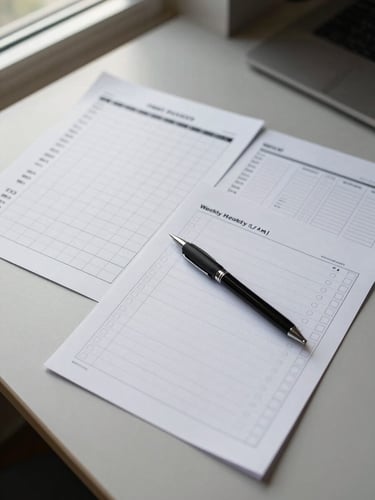 Close-up overhead view of three printed template sheets arranged on a light gray desk — a habit tracker, a weekly planner, and a checklist — laid flat with a pen resting across them, soft north-facing window light, no hands or faces