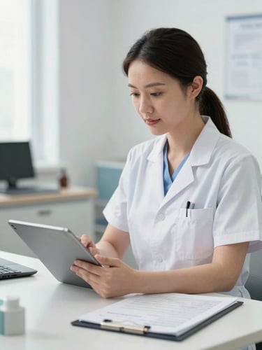 A professional clinical coordinator in a bright, modern medical office reviewing patient charts on a tablet, clean and reassuring atmosphere